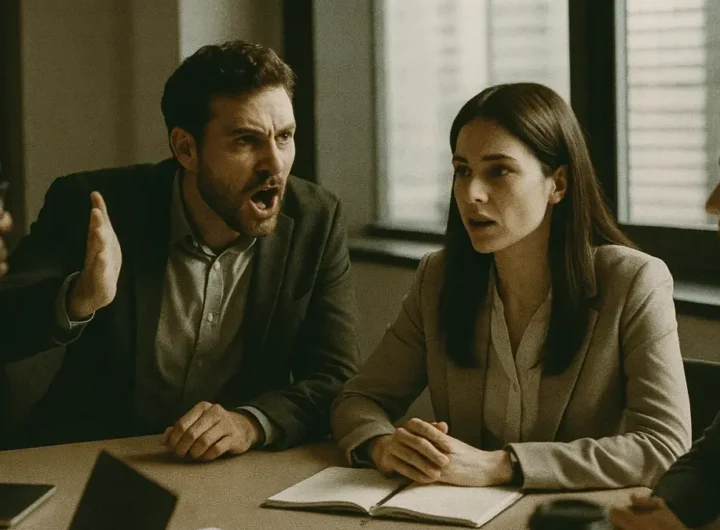 Persona che alza la mano per parlare mentre un collega la interrompe