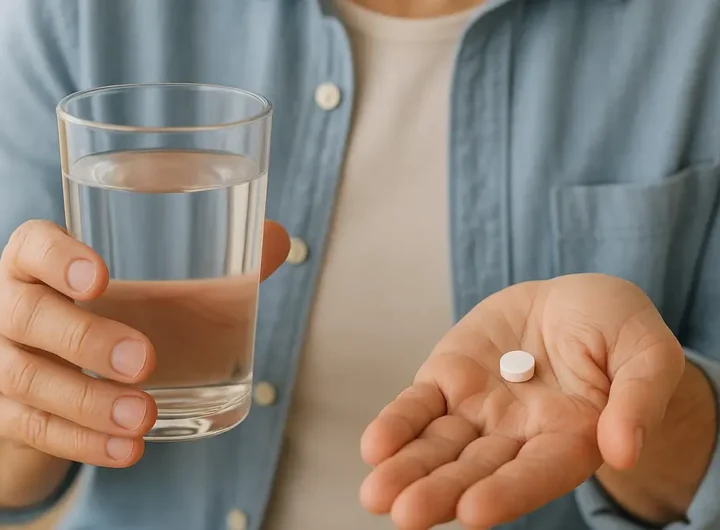 Persona che beve acqua per deglutire una pillola con espressione concentrata