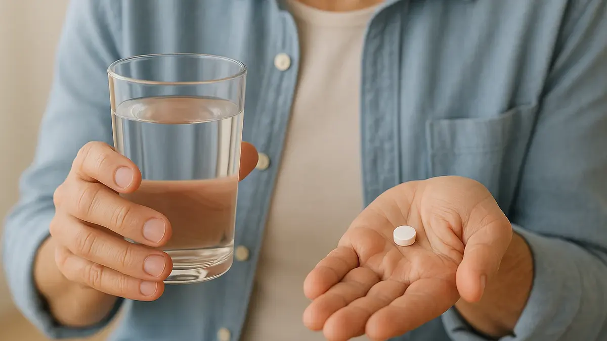 Persona che beve acqua per deglutire una pillola con espressione concentrata