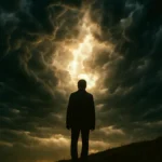 Persona che guarda il cielo con un espressione di attesa e stupore