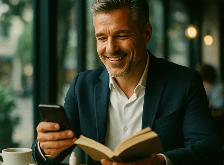 Persona di mezza età che legge un libro senza occhiali