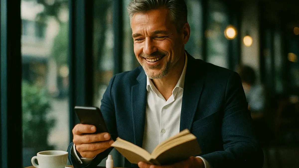 Persona di mezza età che legge un libro senza occhiali