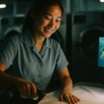 Postazione di lavoro in una lavanderia con uno schermo che mostra un videogioco