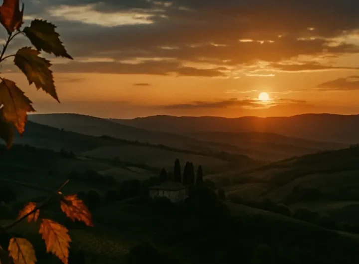 Prime foglie autunnali colorate su un ramo con la luce calda del tardo pomeriggio