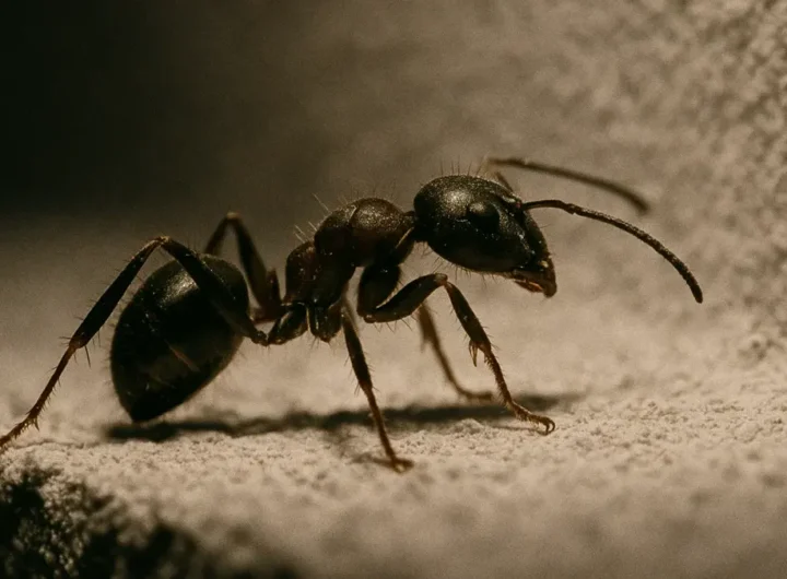 Primo piano macro di una formica che cammina su un muro verticale