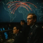 Schermo radar vintage del NORAD che mostra un falso allarme di missili in arrivo