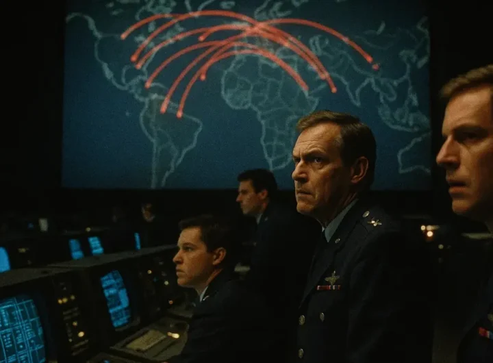 Schermo radar vintage del NORAD che mostra un falso allarme di missili in arrivo