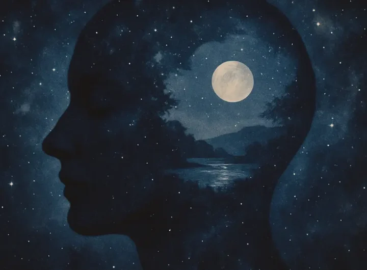 Silhouette di un volto che dorme con un cielo stellato al suo interno