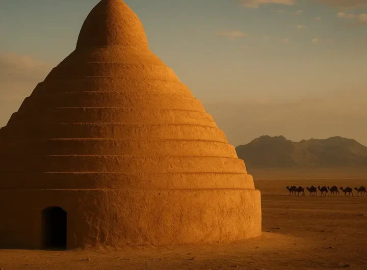 Struttura conica di un antico yakhchal persiano che si erge in un paesaggio desertico al tramonto