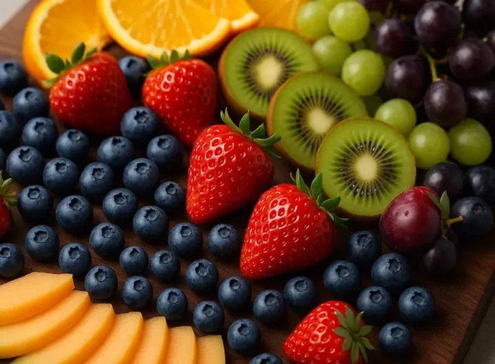 Tagliere di legno con frutta fresca disposta in modo artistico