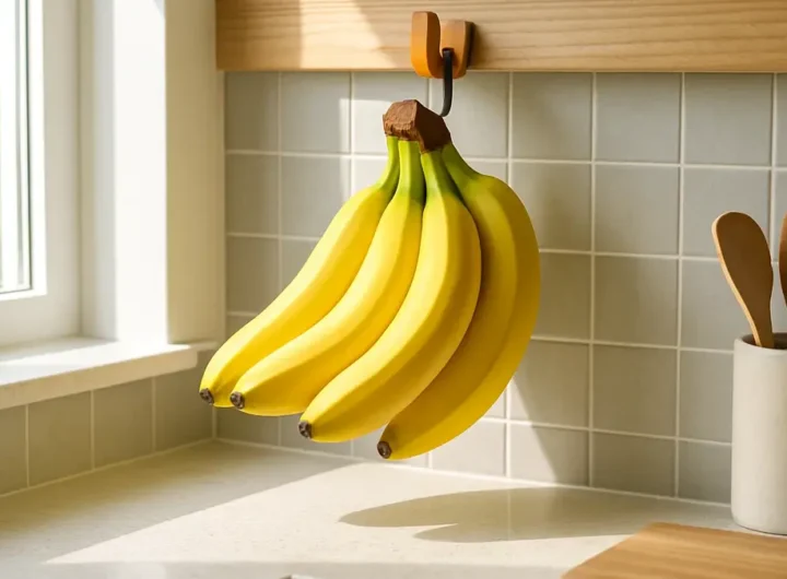 Un casco di banane gialle appeso a un gancio in una cucina luminosa