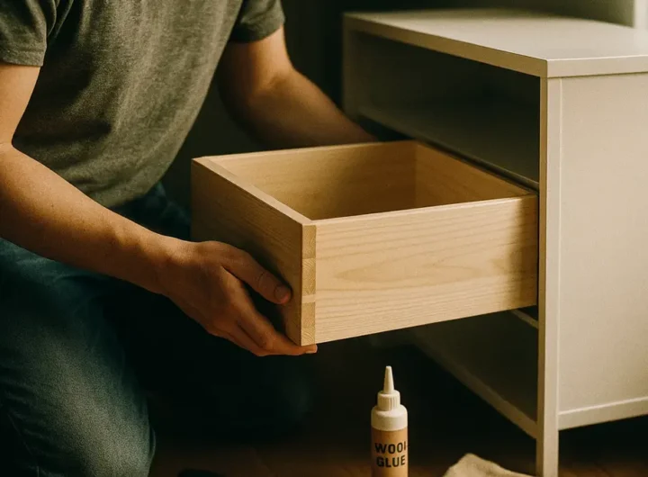 Un frontalino di un cassetto tenuto in posizione con dei morsetti mentre la colla asciuga