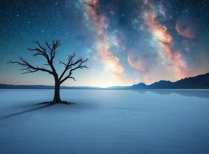 Un paesaggio fantastico e surreale che combina più elementi naturali impossibili