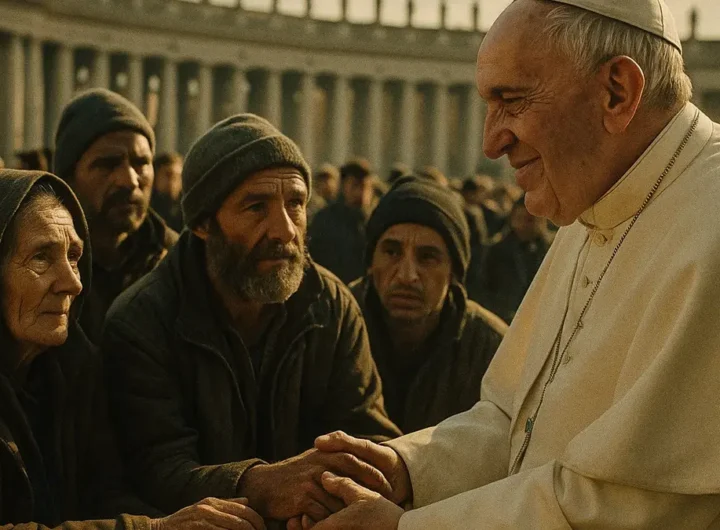 Un primo piano sorridente di Papa Francesco che saluta la folla