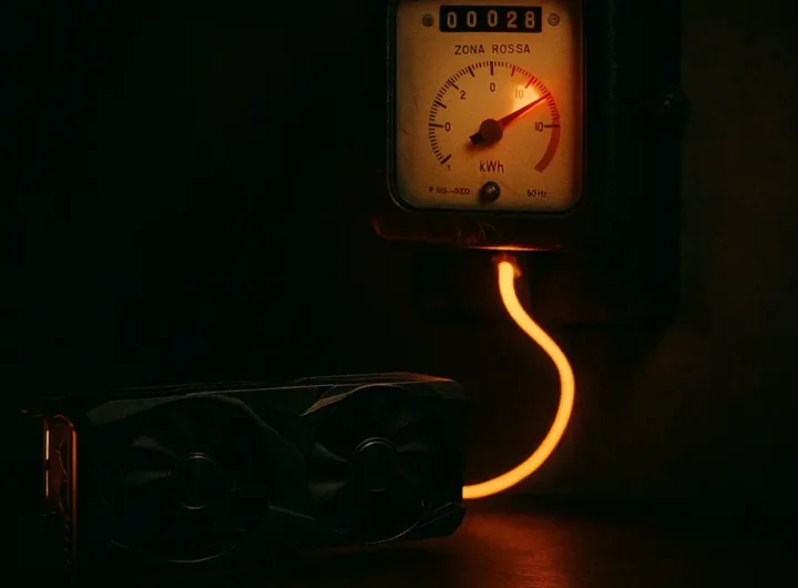 Un rig per il mining di criptovalute spento e coperto di polvere con una bolletta della luce italiana