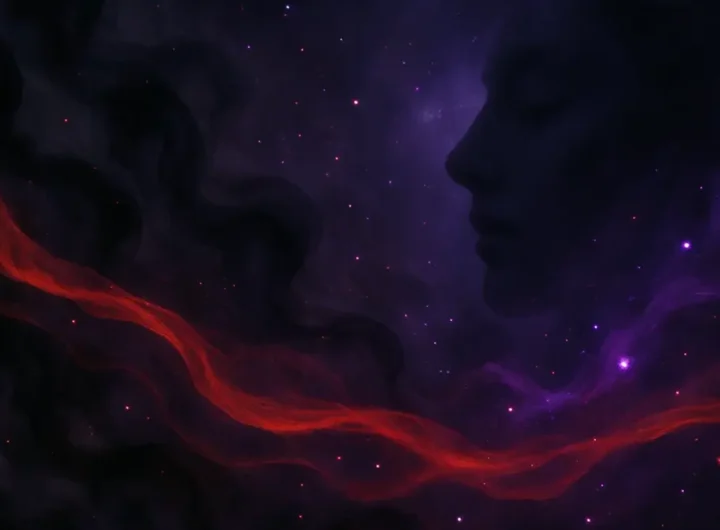 Una composizione onirica che fonde i colori nero, rosso e viola con il profilo di un volto ad occhi chiusi