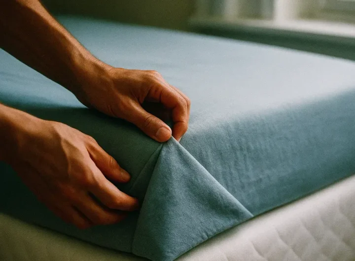 Una mano che esegue la piega a 45 gradi angolo a ospedale su un lenzuolo bianco