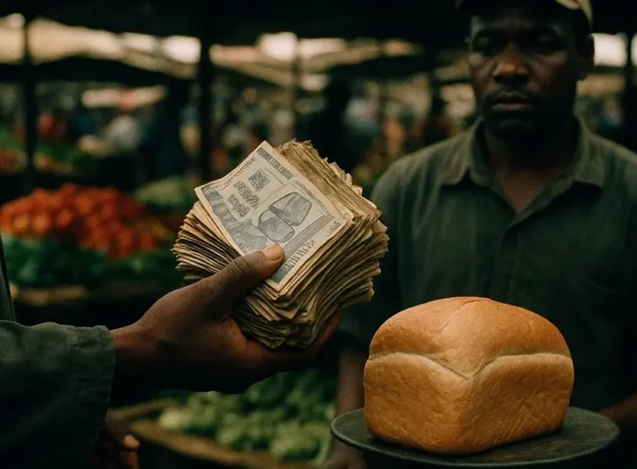 Una mano che tiene una banconota da 100 trilioni di dollari dello Zimbabwe