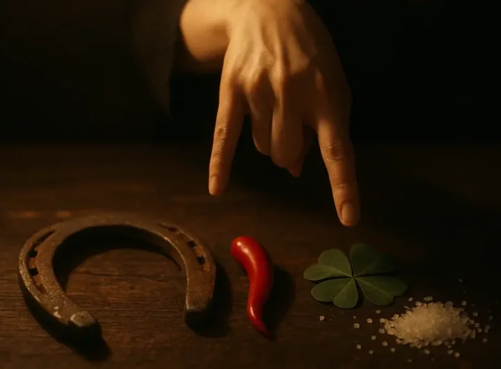 Una mano compie un gesto scaramantico sopra un tavolo con oggetti portafortuna