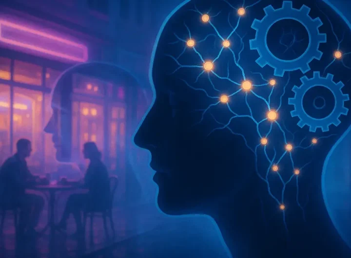 Una persona con espressione confusa e sorpresa mentre una scena davanti a lei si sdoppia