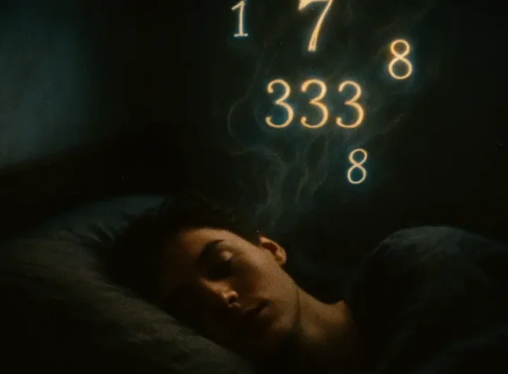 Una persona dorme mentre numeri luminosi e onirici