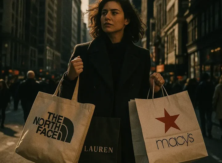 Una persona fa shopping in una via affollata di New York con borse di marchi americani