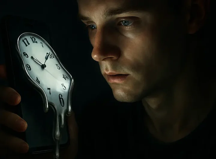 Una persona ipnotizzata dalla luce dello smartphone al buio