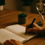 Una persona seduta a una scrivania ordinata che pianifica la sua settimana
