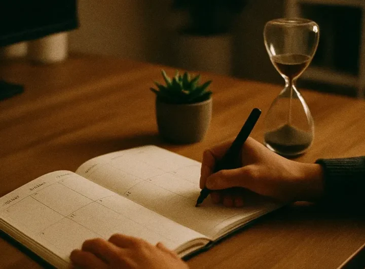 Una persona seduta a una scrivania ordinata che pianifica la sua settimana