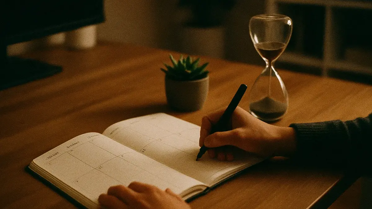 Una persona seduta a una scrivania ordinata che pianifica la sua settimana