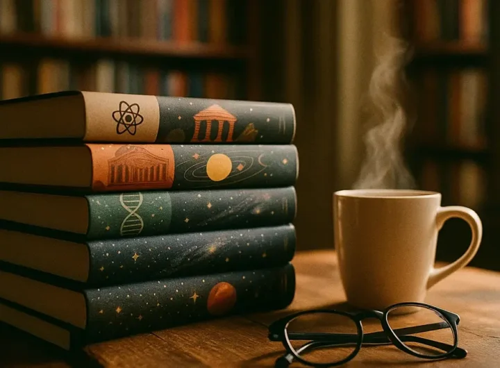 Una pila di libri di curiosità e divulgazione scientifica con copertine colorate e accattivanti