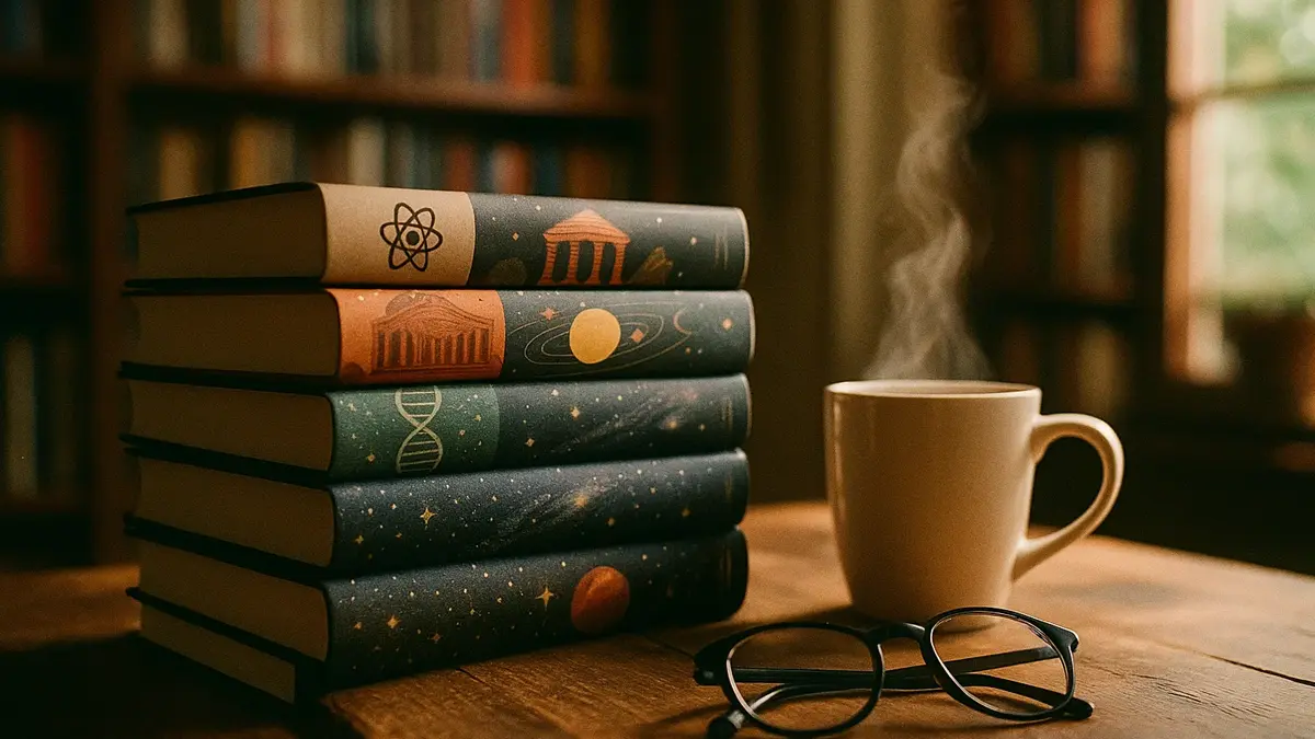 Una pila di libri di curiosità e divulgazione scientifica con copertine colorate e accattivanti