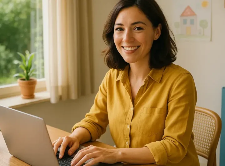 Una professionista sorridente lavora in un ambiente flessibile e luminoso