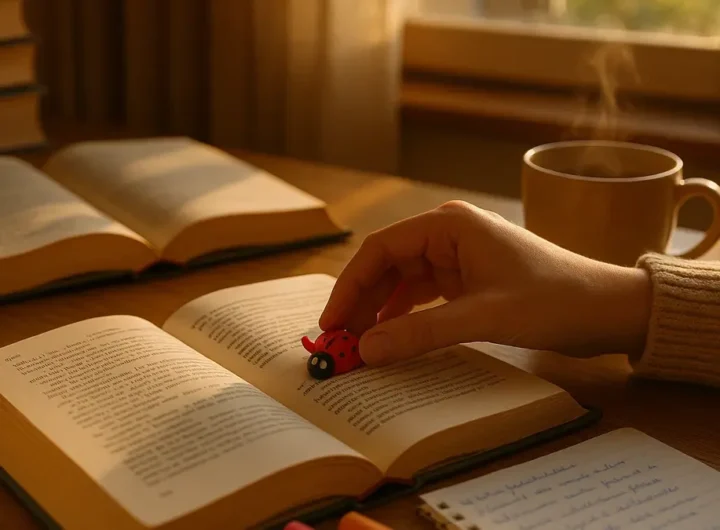 Uno studente seduto alla sua scrivania piena di libri tocca un piccolo amuleto portafortuna