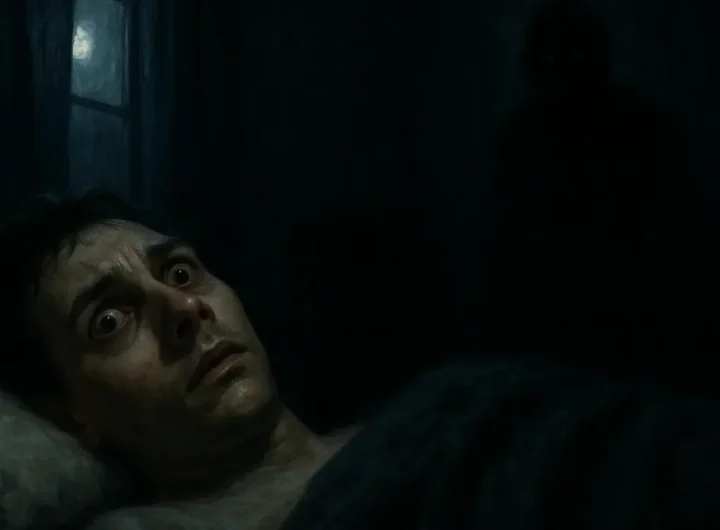 Uomo a letto con gli occhi aperti bloccato dalla paralisi del sonno