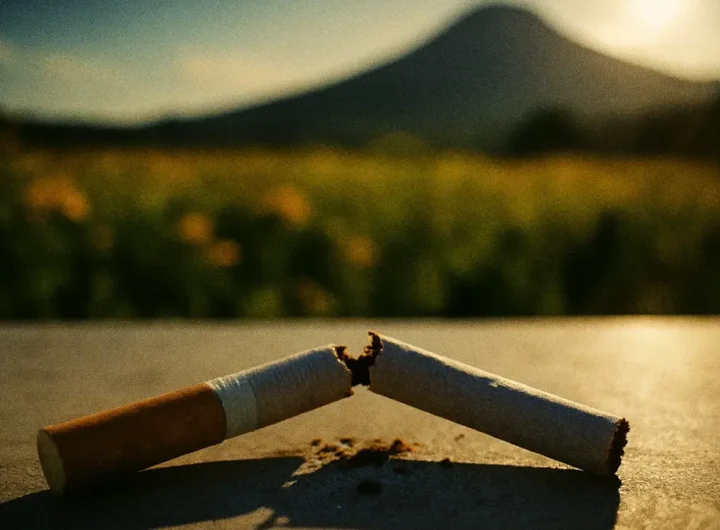 Uomo che spezza una sigaretta a metà con determinazione