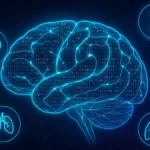 Visualizzazione grafica di una rete neurale astratta con icone mediche che simboleggiano la previsione delle malattie