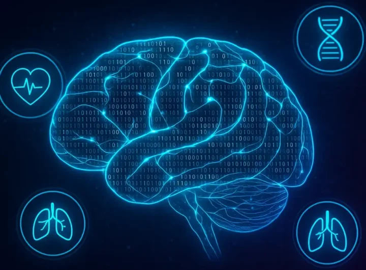 Visualizzazione grafica di una rete neurale astratta con icone mediche che simboleggiano la previsione delle malattie
