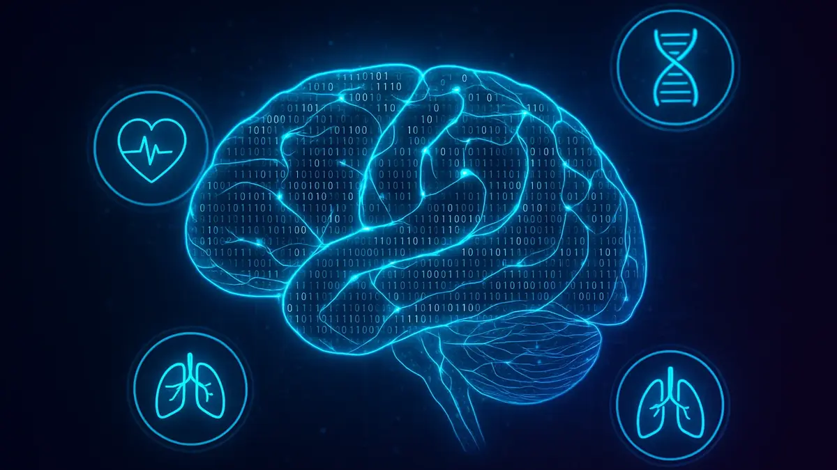 Visualizzazione grafica di una rete neurale astratta con icone mediche che simboleggiano la previsione delle malattie