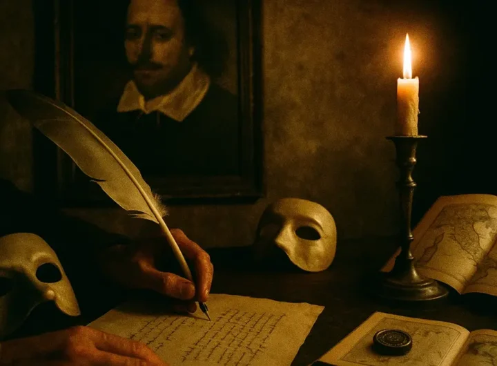 immagine composita che mostra il ritratto di William Shakespeare