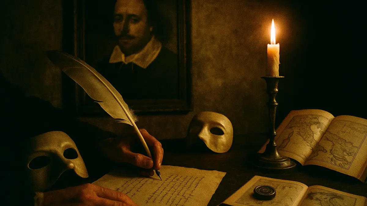 immagine composita che mostra il ritratto di William Shakespeare