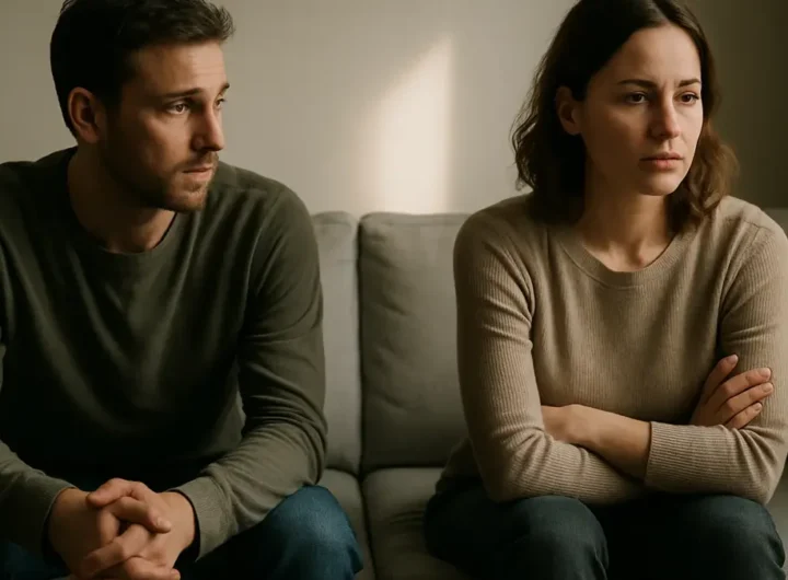 una coppia seduta a distanza su un divano