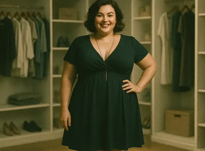 Abito stile impero su donna con fisico a mela che slancia la vita e le gambe