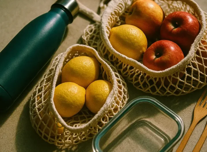 Borraccia in acciaio spesa sfusa e sacchetti di cotone in una borsa riutilizzabile