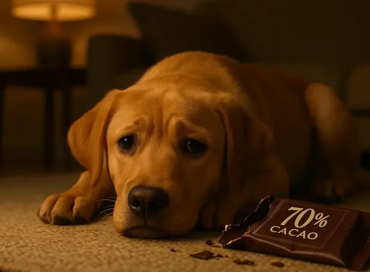 Cane seduto accanto a un pacchetto di cioccolato fondente