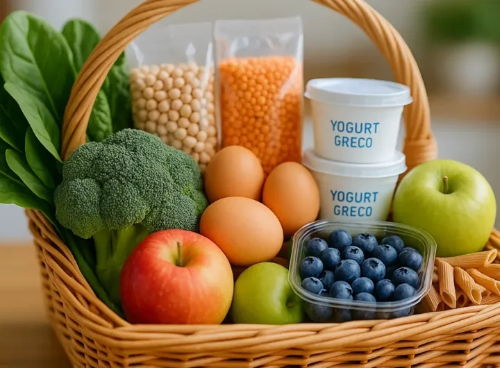 Carrello del supermercato pieno di alimenti sani e dietetici