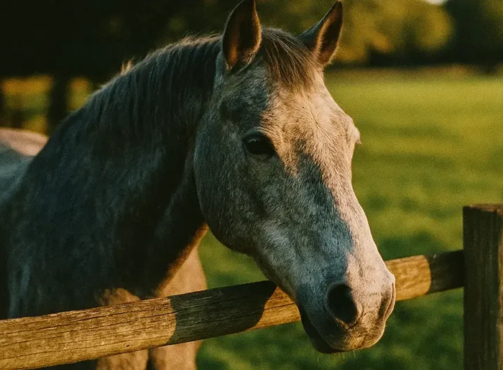 Cavallo anziano grigio con testa appoggiata a un recinto in un prato