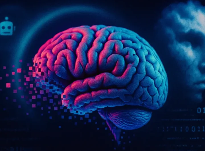 Cervello stilizzato che si scompone in pixel a simboleggiare falsi ricordi