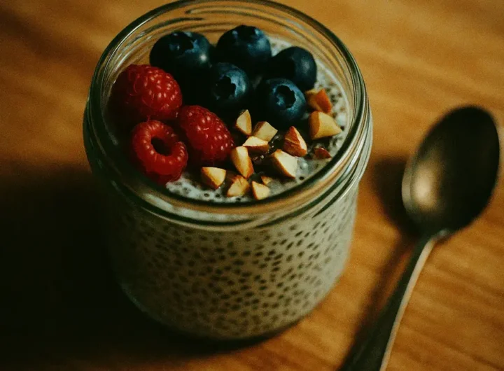 Chia pudding in barattolo con frutti di bosco e mandorle