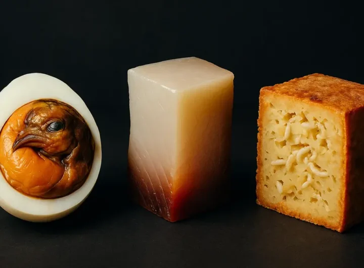 Collezione di cibi strani nel mondo Balut Hákarl Casu Marzu